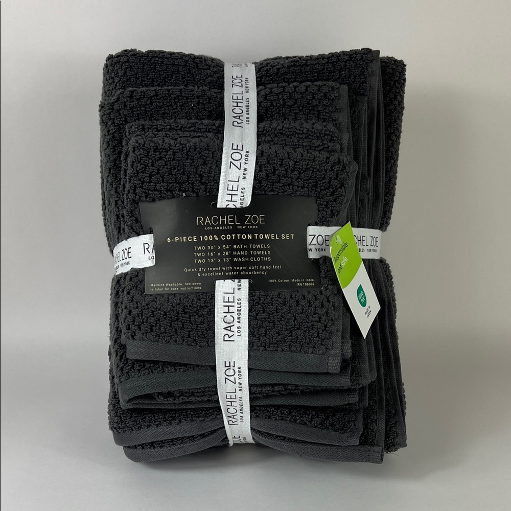 6 Pc Rachel Zoe Bath Towel Set Dark Gray Quick Dry Soft 100% Cotton NEW